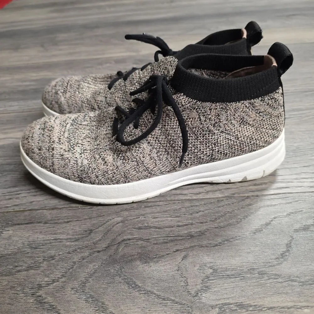 FitFlop Sneaker Mid Tops Stretchy Material Beige/black With Gold Shimmer Sz 8.5